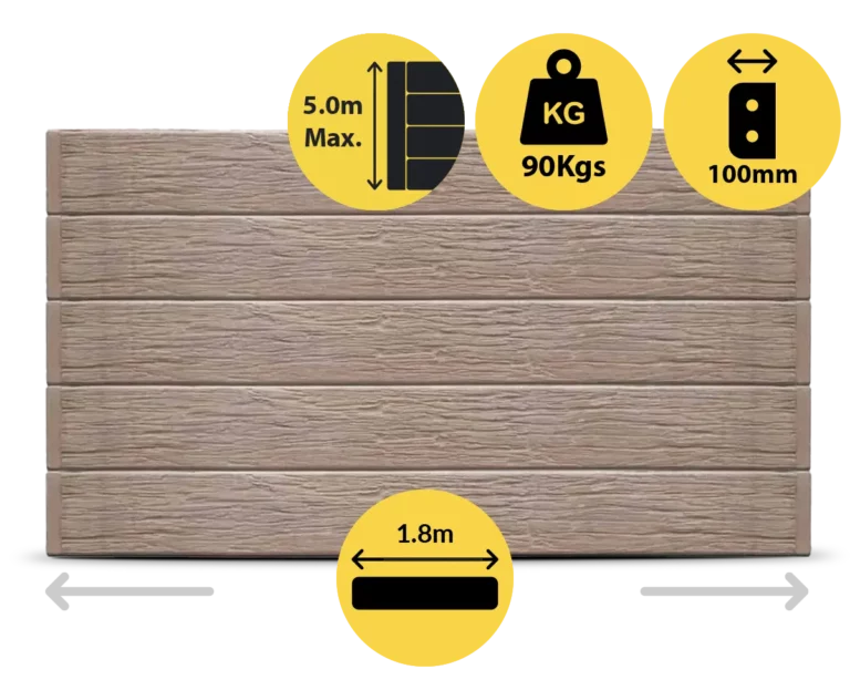 The Malibu 1800 x 200 x 100mm Jasper Brown Colour Woodgrain Wood Look Concrete Sleepers for Retaining Walls Sold by Sunset Sleepers