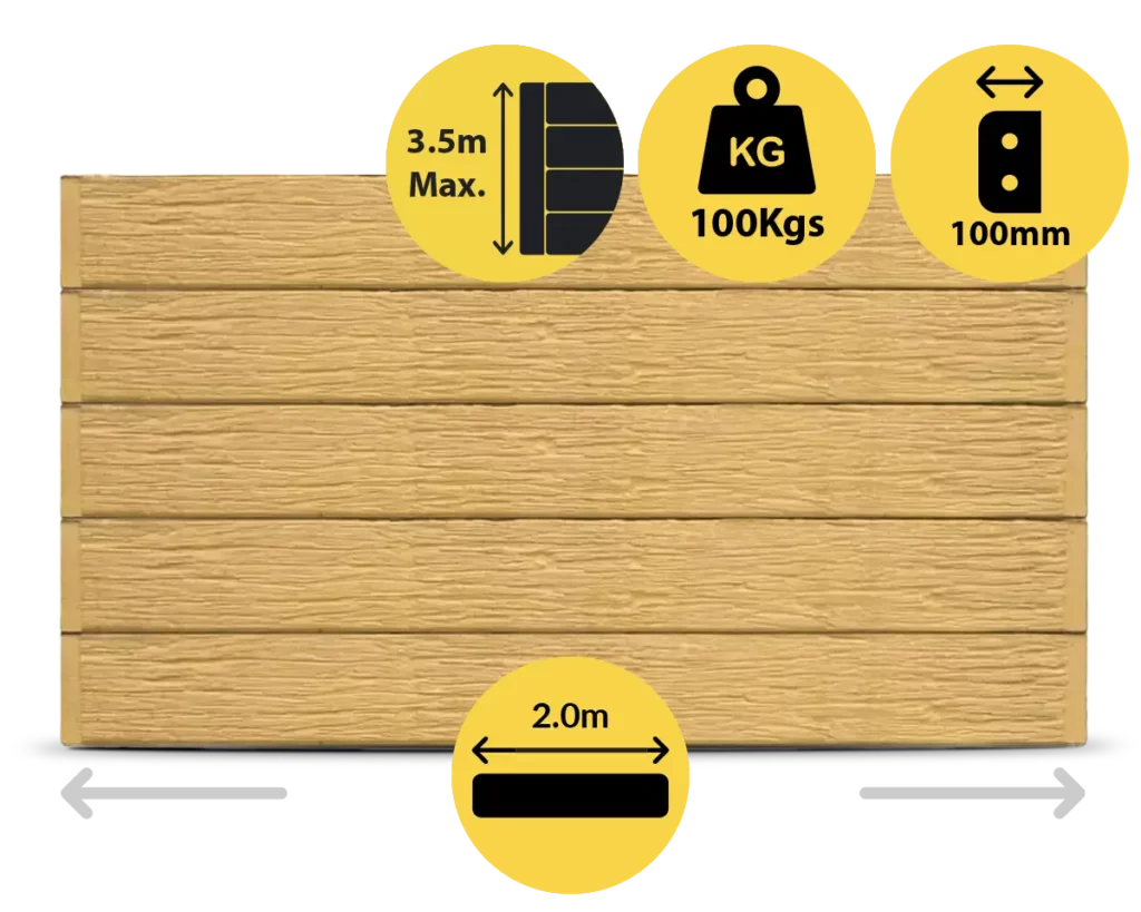 The Malibu 2000 x 200 x 100mm Sandstone Yellow Colour Woodgrain Wood Look Concrete Sleepers for Retaining Walls Sold by Sunset Sleepers