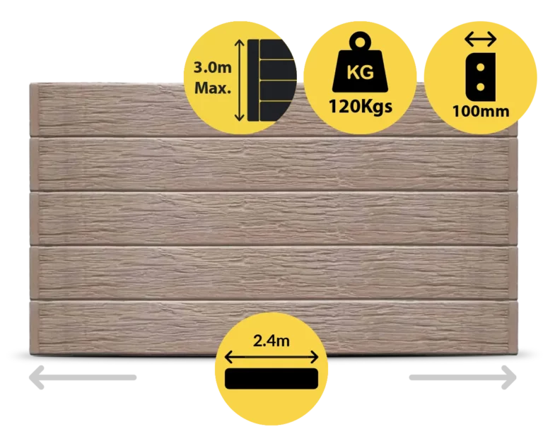 The Malibu 2400 x 200 x 100mm Jasper Brown Colour Woodgrain Wood Look Concrete Sleepers for Retaining Walls Sold by Sunset Sleepers