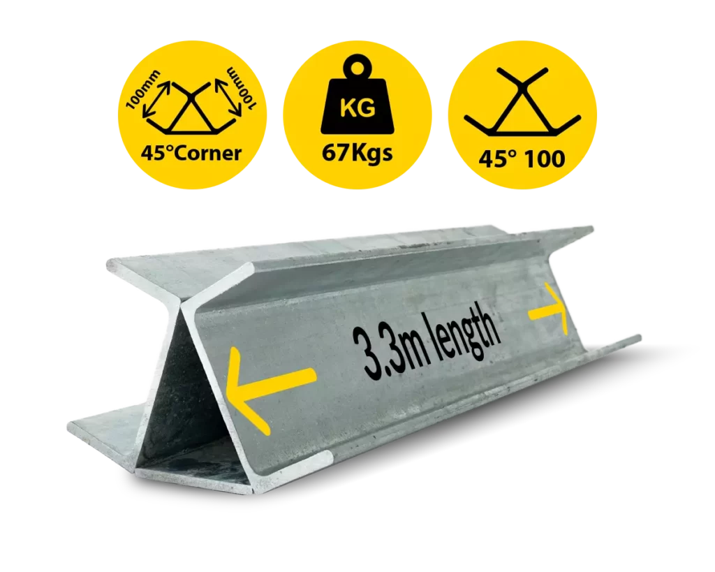 45@3.3|067 3300mm 45 Degree Galvanised Steel Corner Joiner Post to Support The Gentle Angle Deviations of a 80mm Concrete Sleeper Retaining Wall by Sunset Sleepers