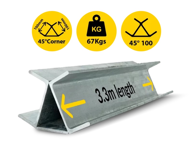 45@3.3|067 3300mm 45 Degree Galvanised Steel Corner Joiner Post to Support The Gentle Angle Deviations of a 80mm Concrete Sleeper Retaining Wall by Sunset Sleepers