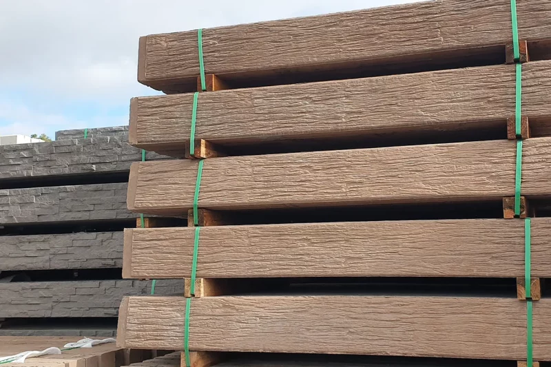 Sunset Sleepers The Malibu Woodgrain and The Manhattan Stacked Stone Concrete Sleepers in Jasper Brown Colour