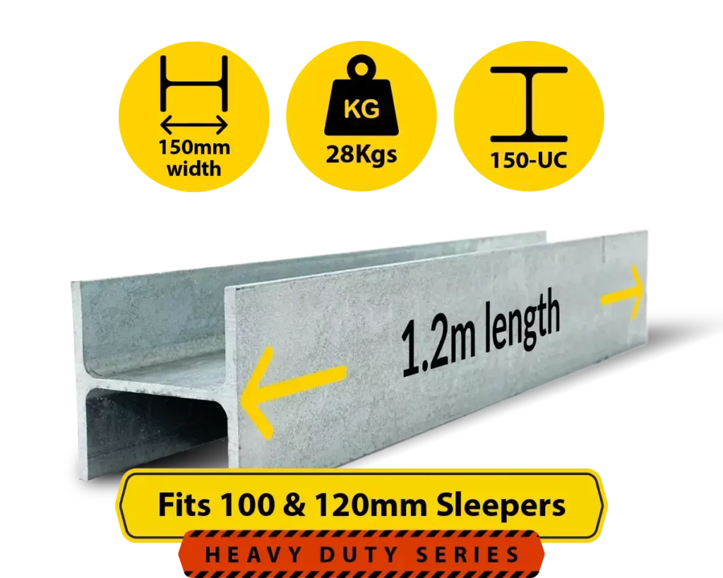 H1.2 150UC.28 150 UC 23.4 H Channel Galvanised Steel Beam Middle Joiner Post to Support The Middle Panels of a 100 120mm Concrete Sleeper Retaining Wall by Sunset Sleepers