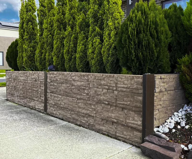 Brown Colour Concrete Sleepers with Stack Stone Pattern on a Front Yard Retaining Wall using Sunset Sleepers The Manhattan Jasper Concrete Sleepers Gallery Item