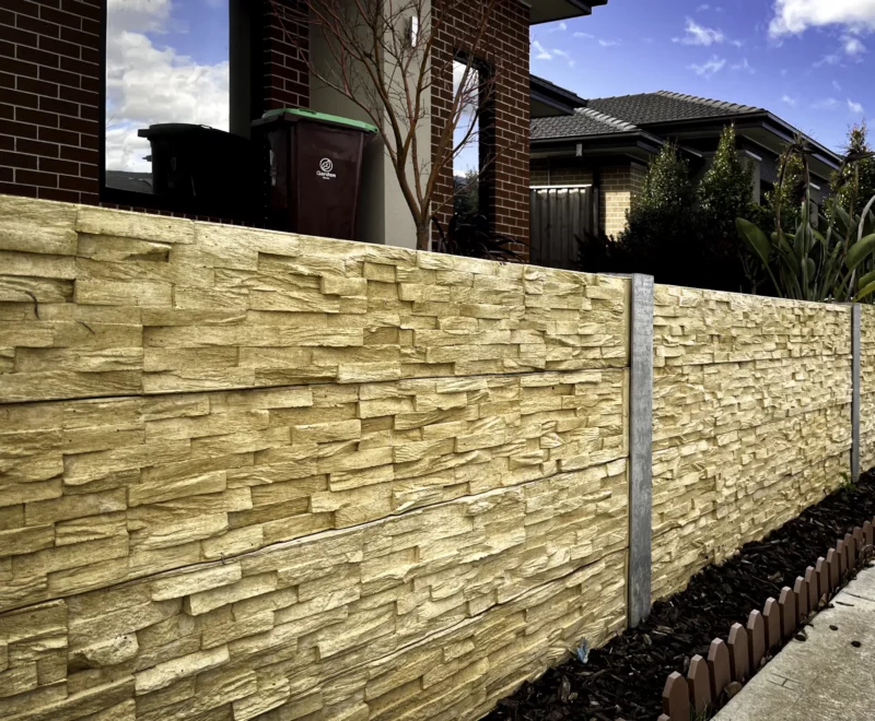 Yellow Colour Concrete Sleeper with Stack Stone Pattern on a Front Yard Retaining Wall using Sunset Sleepers The Manhattan Sandstone Concrete Sleepers Gallery Item