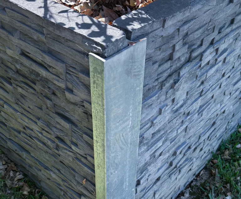 90 Degree Right Angle Corner Galvanised Steel Post featuring Charcoal Manhattan Stacked Stone Concrete Sleeper by Sunset Sleepers