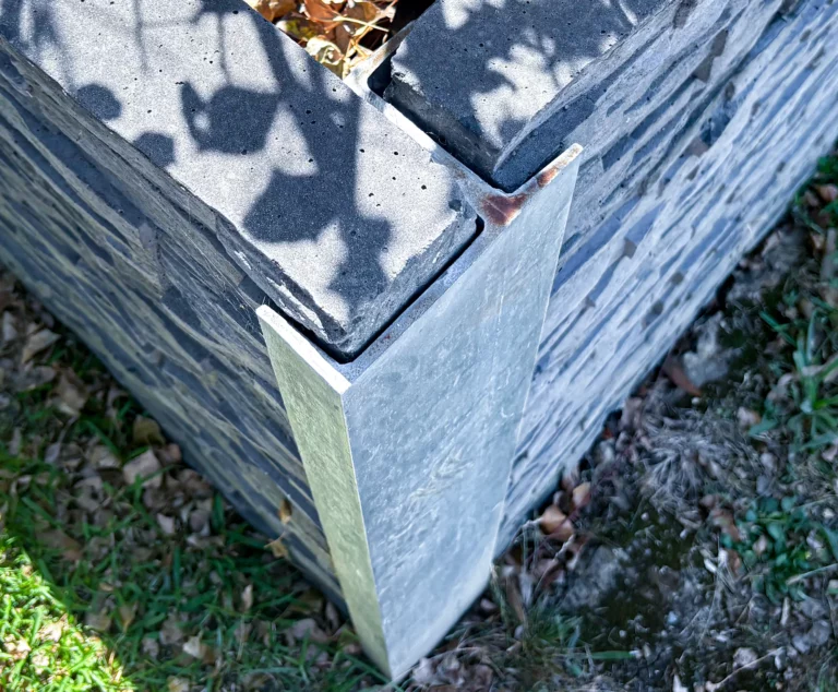 90 Degree Right Angle Corner Galvanised Steel Post featuring Charcoal Manhattan Stacked Stone Concrete Sleeper by Sunset Sleepers Top View