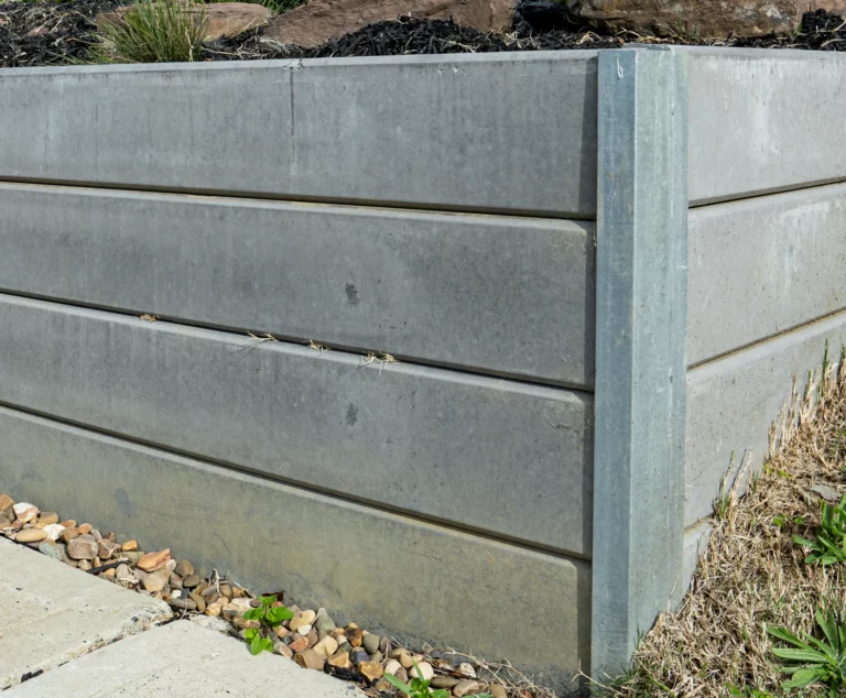 90 Degree Right Angle Corner Galvanised Steel Post featuring Plain Marina Smooth finish Concrete Sleeper by Sunset Sleepers End View