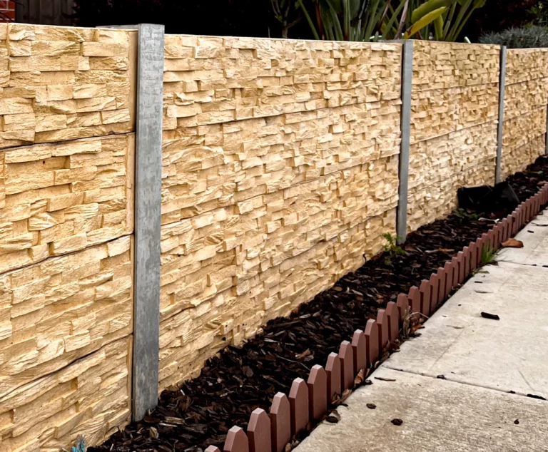 H Channel Middle Joiner Galvanised Steel Post featuring Sandstone Manhattan Stacked Stone Concrete Sleeper by Sunset Sleepers