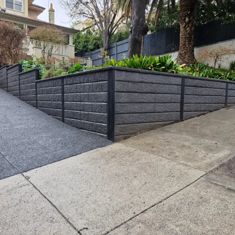 Jamesco Group Newley Built Retaining Wall in Melbourne using Charcoal Arizona Block Face Concrete Sleepers Supplied by Sunset Sleepers