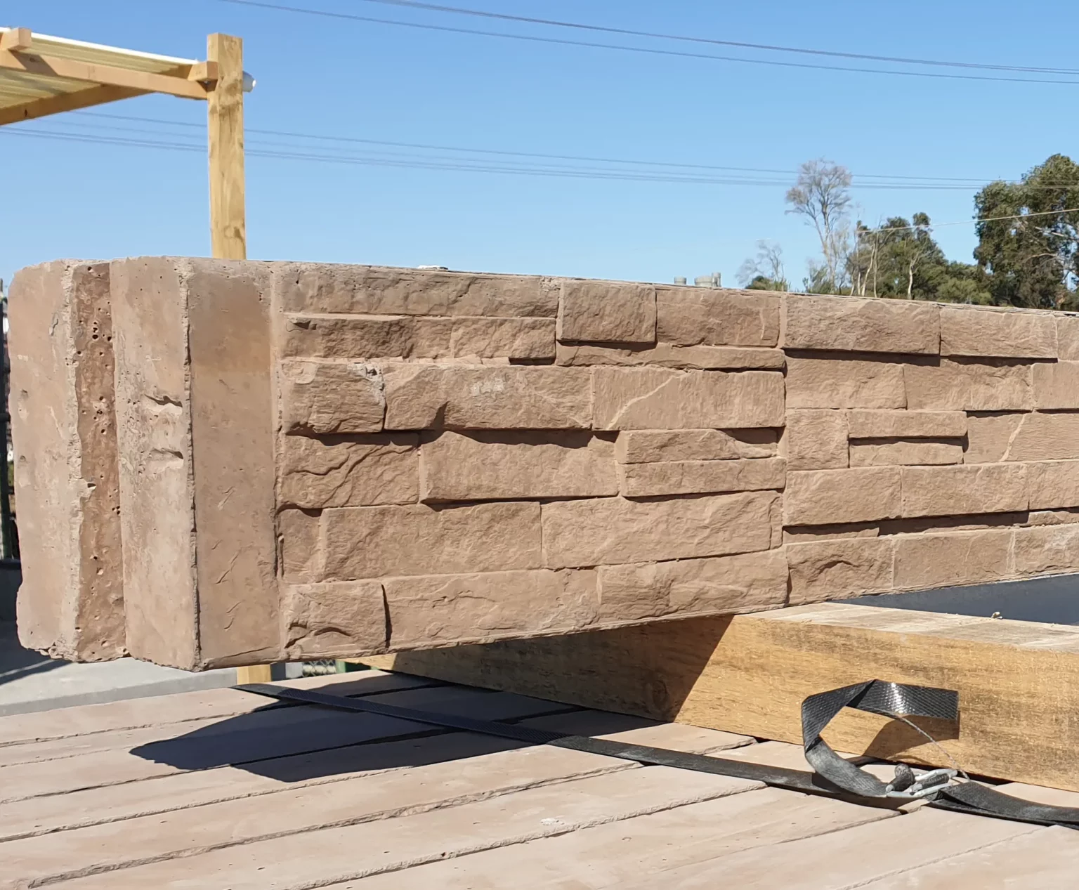 Detailed Close Up the Jasper Brown Manhattan Stacked Stone Concrete Sleepers Supplied by Sunset Sleepers
