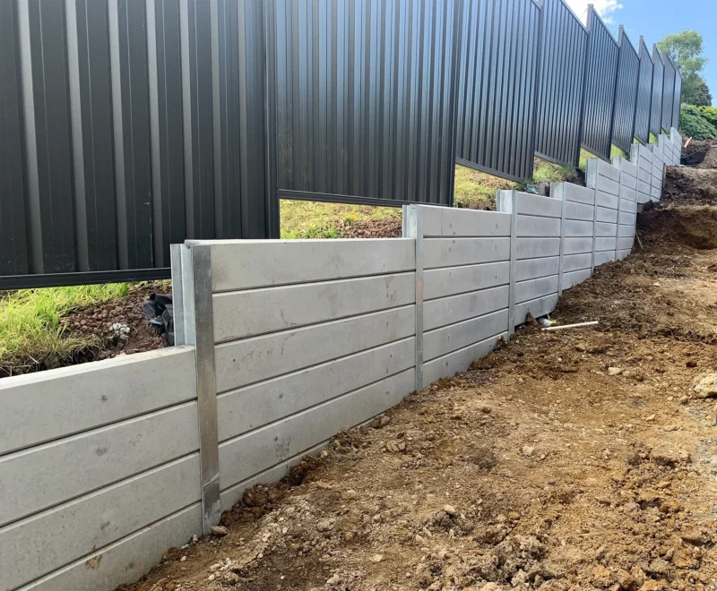 Side of House Retaining Wall Constructed Project Using The Marina Smooth Concrete Sleepers in Plain Grey and Supplied by Sunset Sleepers