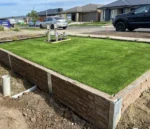 Small Front Garden with some Manhattan Jasper concrete sleepers and 40mm artificial grass Constructed by Ferguson Landscape & Design and Supplied by Sunset Sleepers