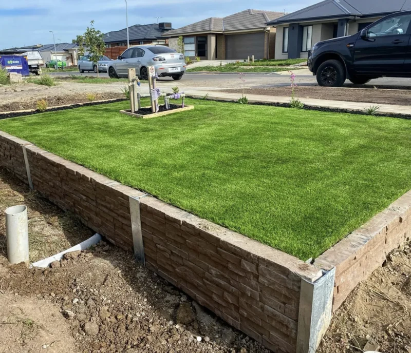 Small Front Garden with some Manhattan Jasper concrete sleepers and 40mm artificial grass Constructed by Ferguson Landscape & Design and Supplied by Sunset Sleepers