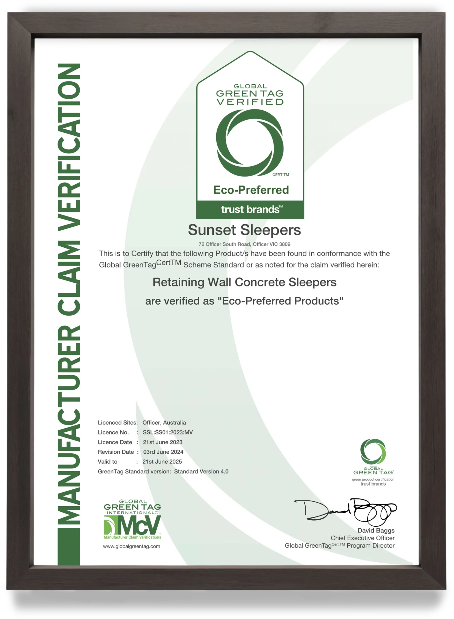 Sunset Sleepers Global GreenTag Certificate
