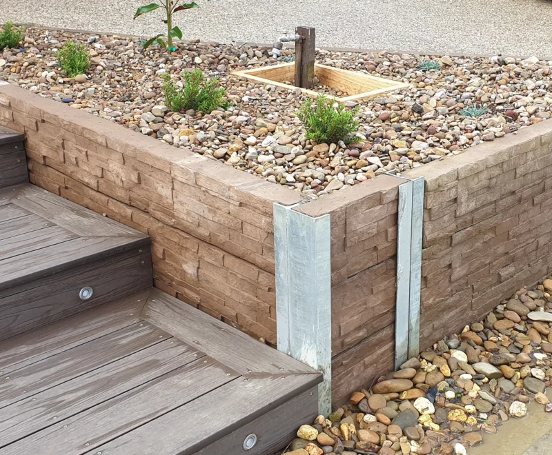 Sunset Sleepers Jasper Brown Manhattan Stacked Stone Concrete Sleepers were used to build a small DIY retaining wall in the front yard driveway and steps of a Melbourne home.