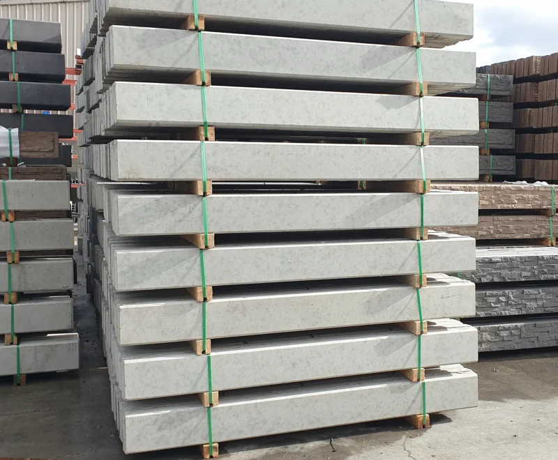 The Marina Smooth Concrete Sleepers in Plain Grey Stock in Yard Ready to be Delivered by Sunset Sleepers