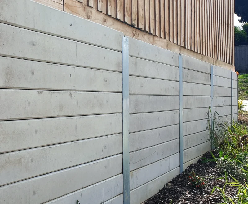 Timber Fence Application Use for Retaining Wall Project Using the The Marina Smooth Concrete Sleepers in Plain Grey and and Supplied by Sunset Sleepers