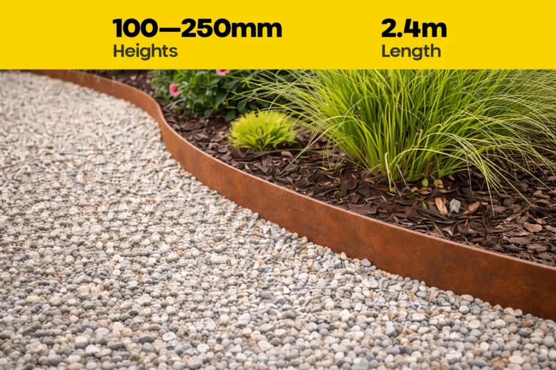 FormFlow 2400mm by 100 250mm Redcor Weathering Corten Steel Garden Edging Rusty sold by Sunset Sleepers in Melbourne Victoria FormFlow 2400mm by 100 250mm Redcor Weathering Corten Steel Garden Edging Rusty sold by Sunset Sleepers in Melbourne Victoria